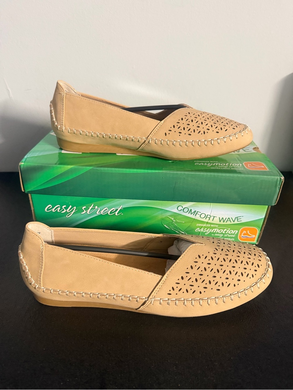 easy street tan laser-cut slip-on loafers